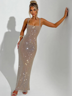 Women's Embellished Evening Gown with Square Neckline