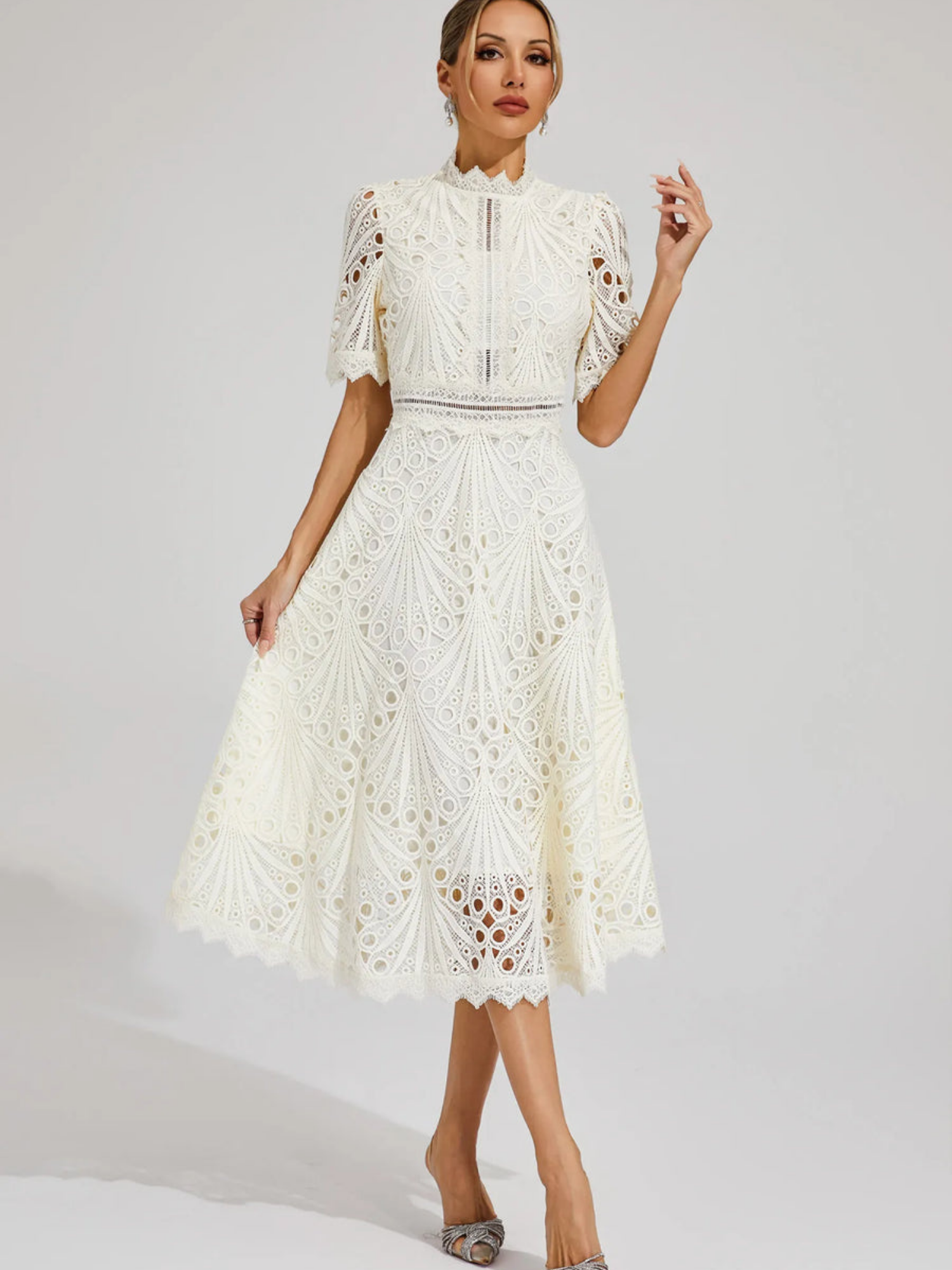 Women's Embroidered High Neck A-Line Midi Dress