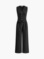 Women’s Sleeveless Button Front Vest & High-Waist Wide-Leg Trouser Set