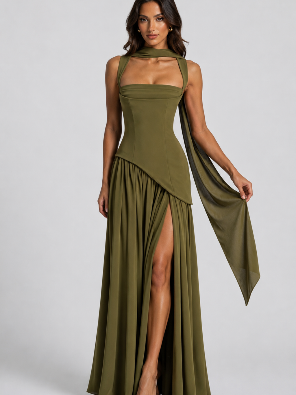 Draped Satin Maxi Dress – Modern Sculpted Elegance