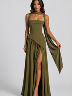 Draped Satin Maxi Dress – Modern Sculpted Elegance