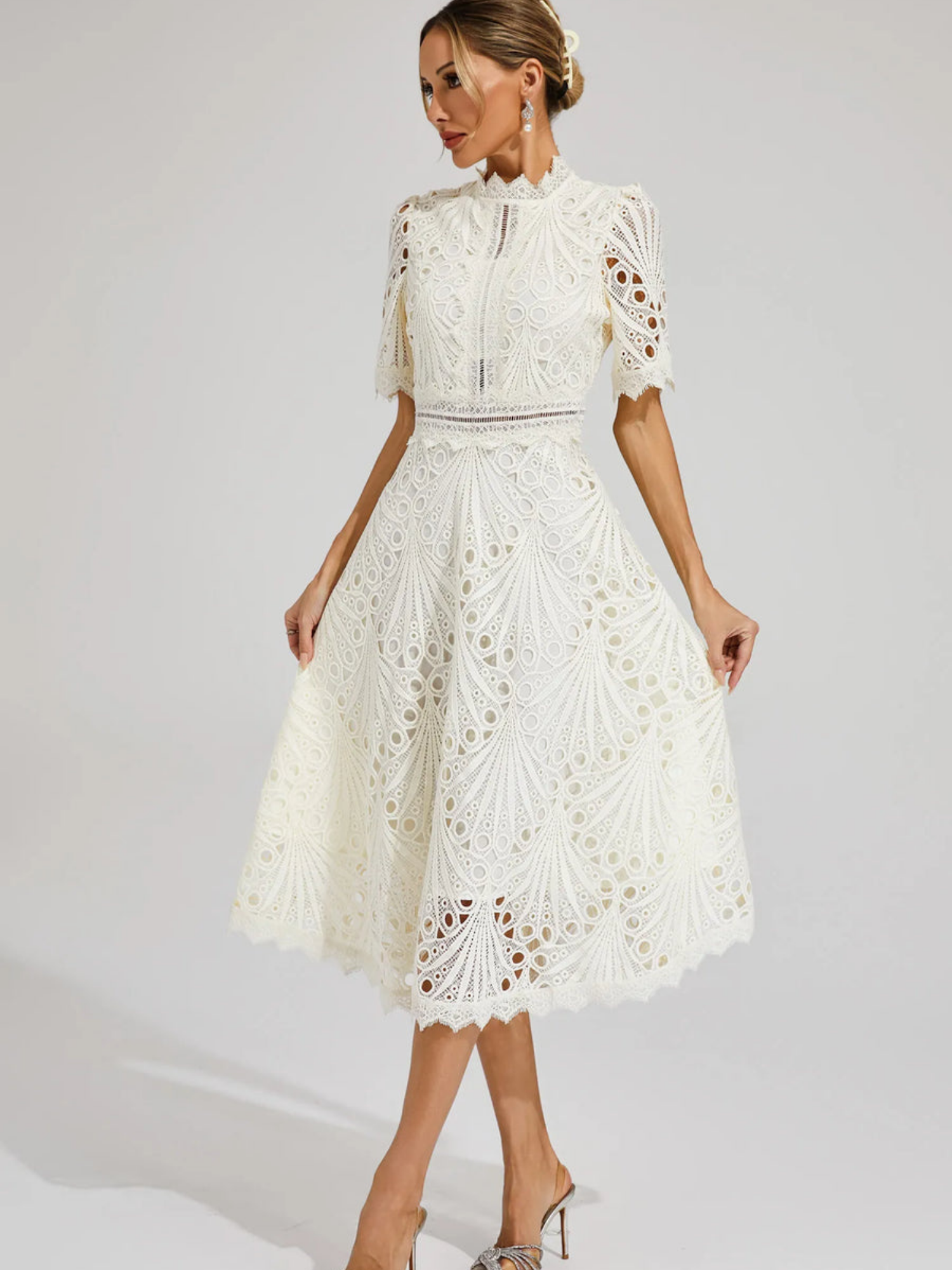 Women's Embroidered High Neck A-Line Midi Dress