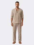 Men’s Lace-Up V-Neck Shirt & Wide-Leg Trouser Two-Piece Set