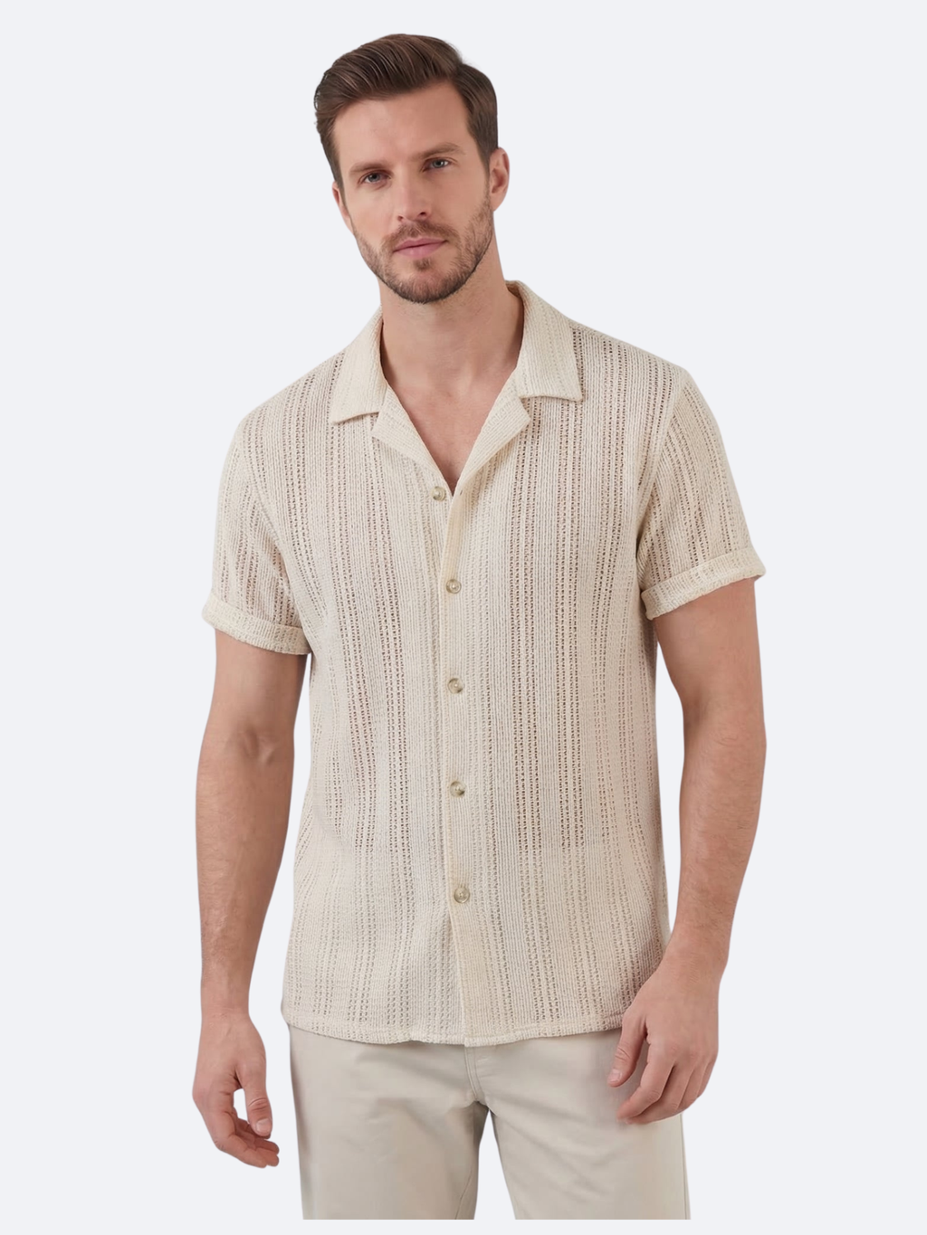 Men’s Short-Sleeve Button-Down Shirt with Front Button Closure
