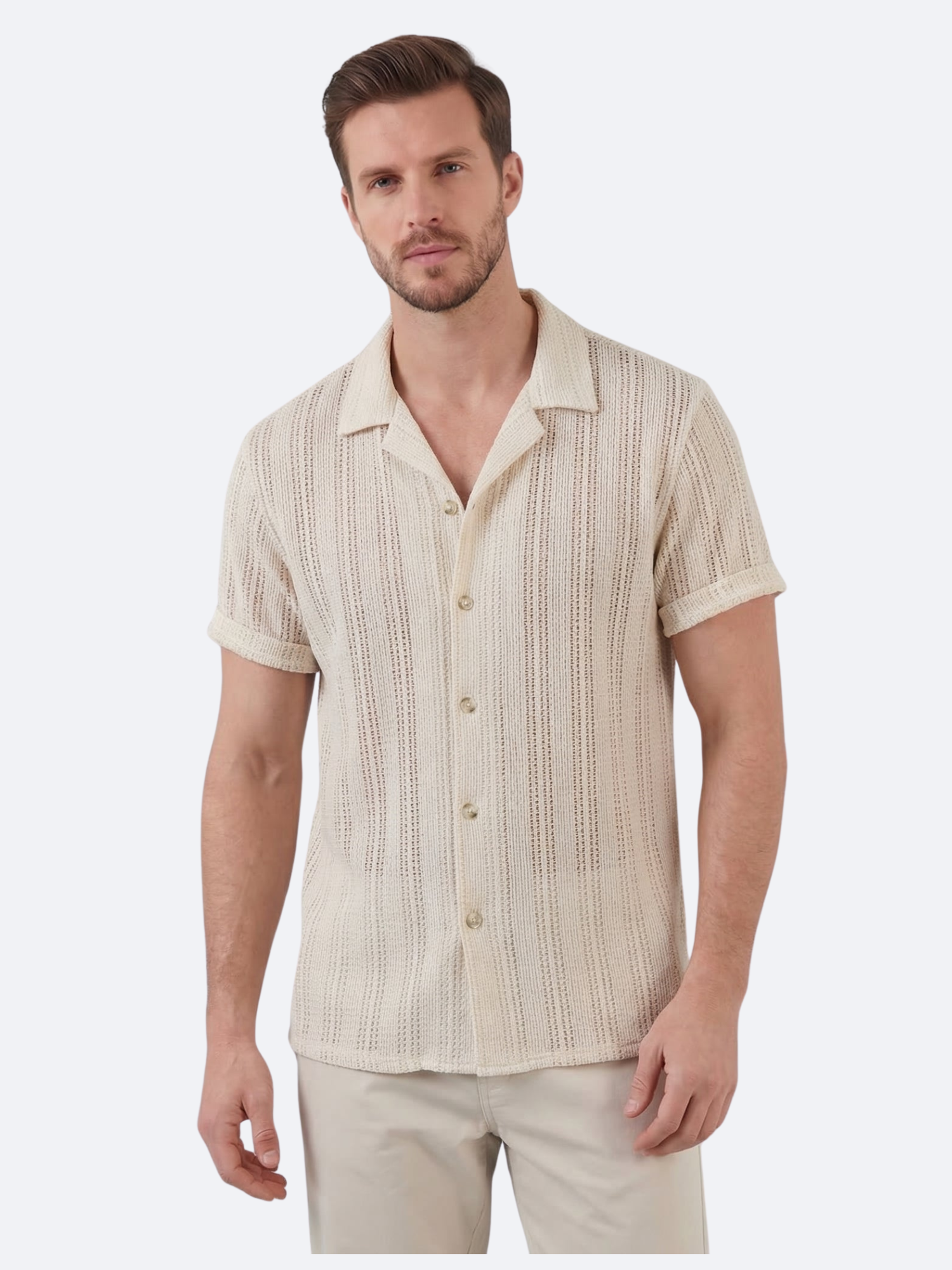 Men’s Short-Sleeve Button-Down Shirt with Front Button Closure