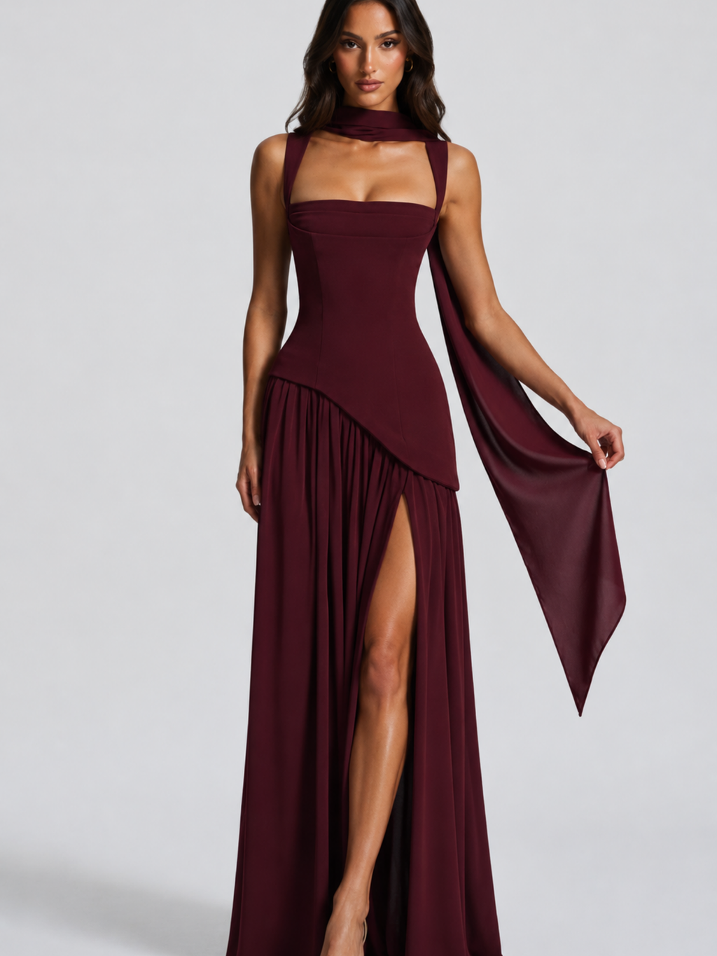 Draped Satin Maxi Dress – Modern Sculpted Elegance