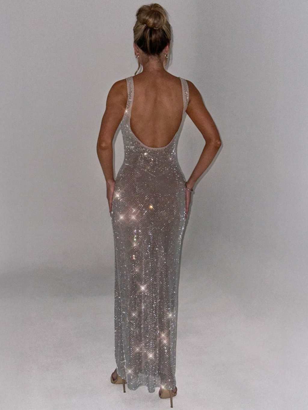 Women's Embellished Evening Gown with Square Neckline