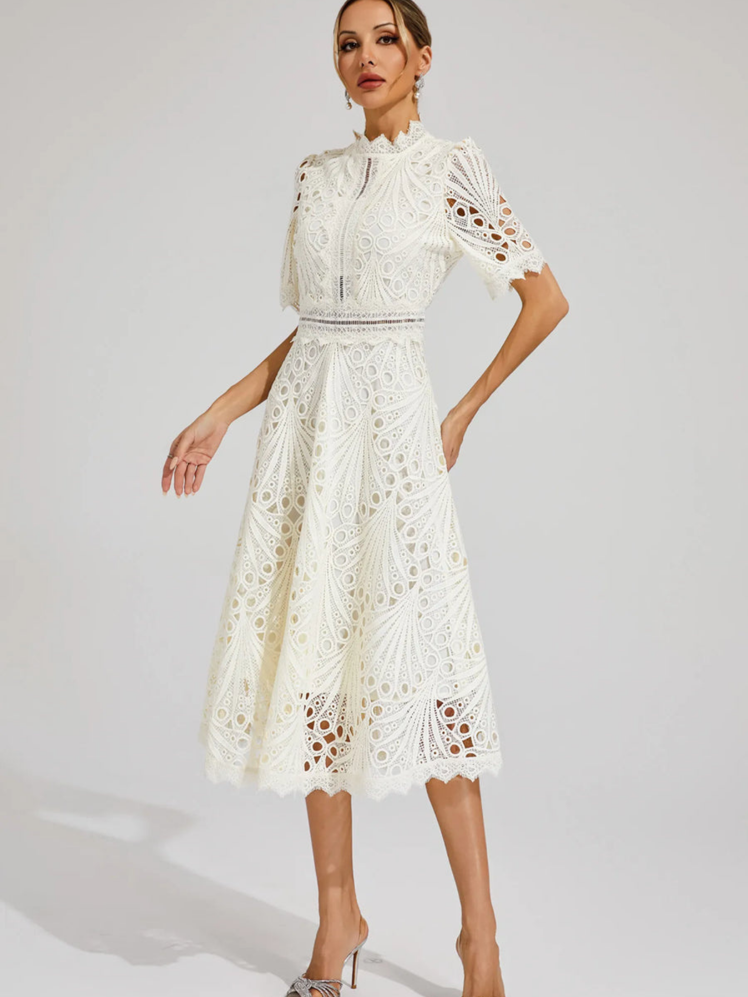 Women's Embroidered High Neck A-Line Midi Dress