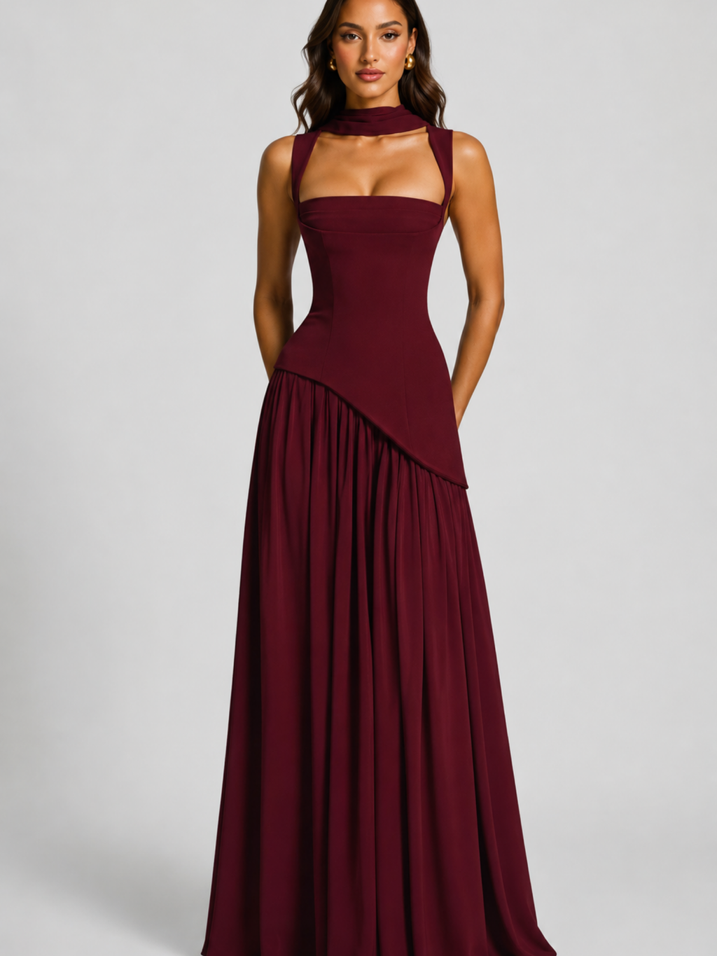 Draped Satin Maxi Dress – Modern Sculpted Elegance