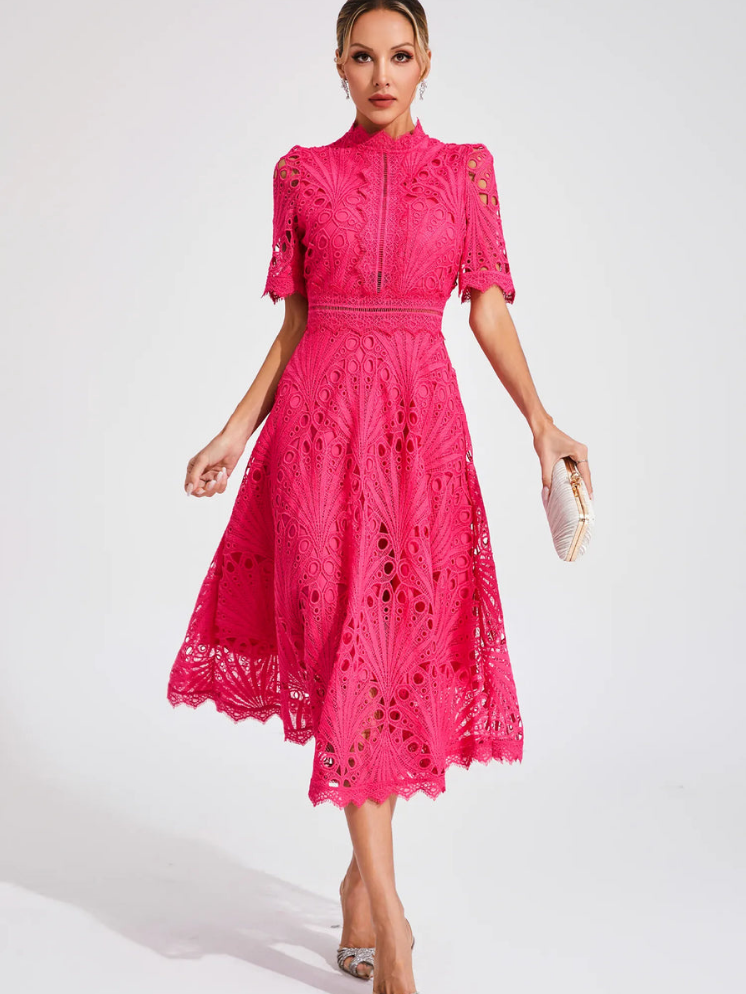 Women's Embroidered High Neck A-Line Midi Dress