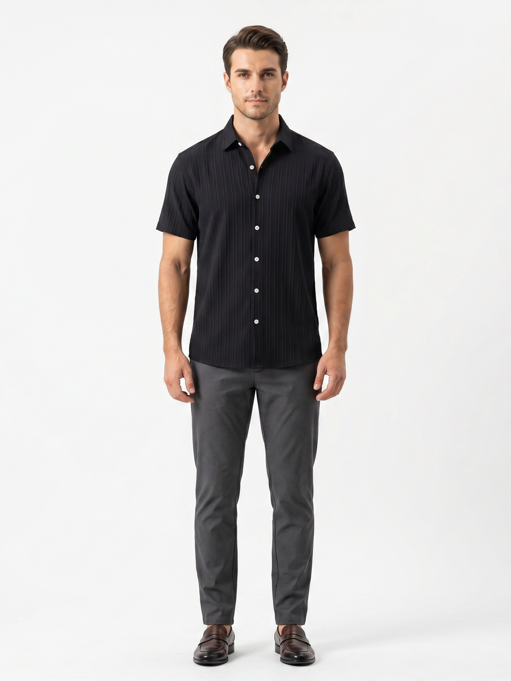 Men’s Short Sleeve Textured Button-Up Shirt – Slim Fit