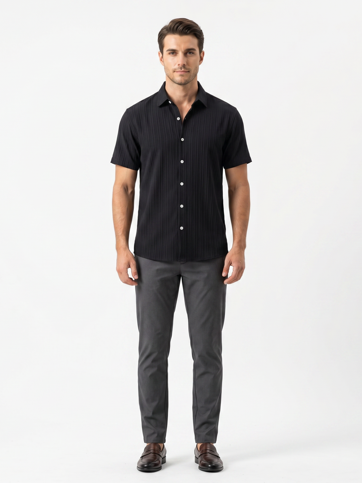 Men’s Short Sleeve Textured Button-Up Shirt – Slim Fit