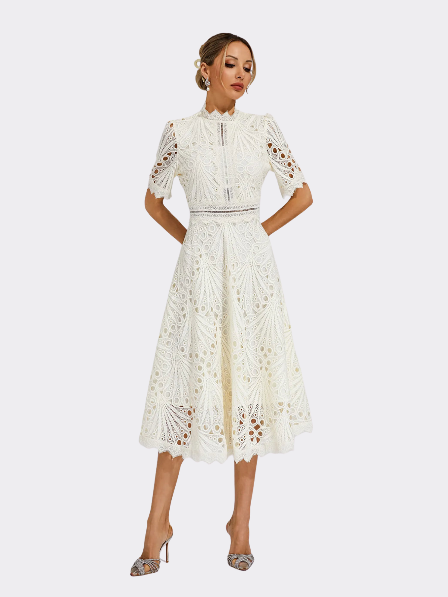 Women's Embroidered High Neck A-Line Midi Dress