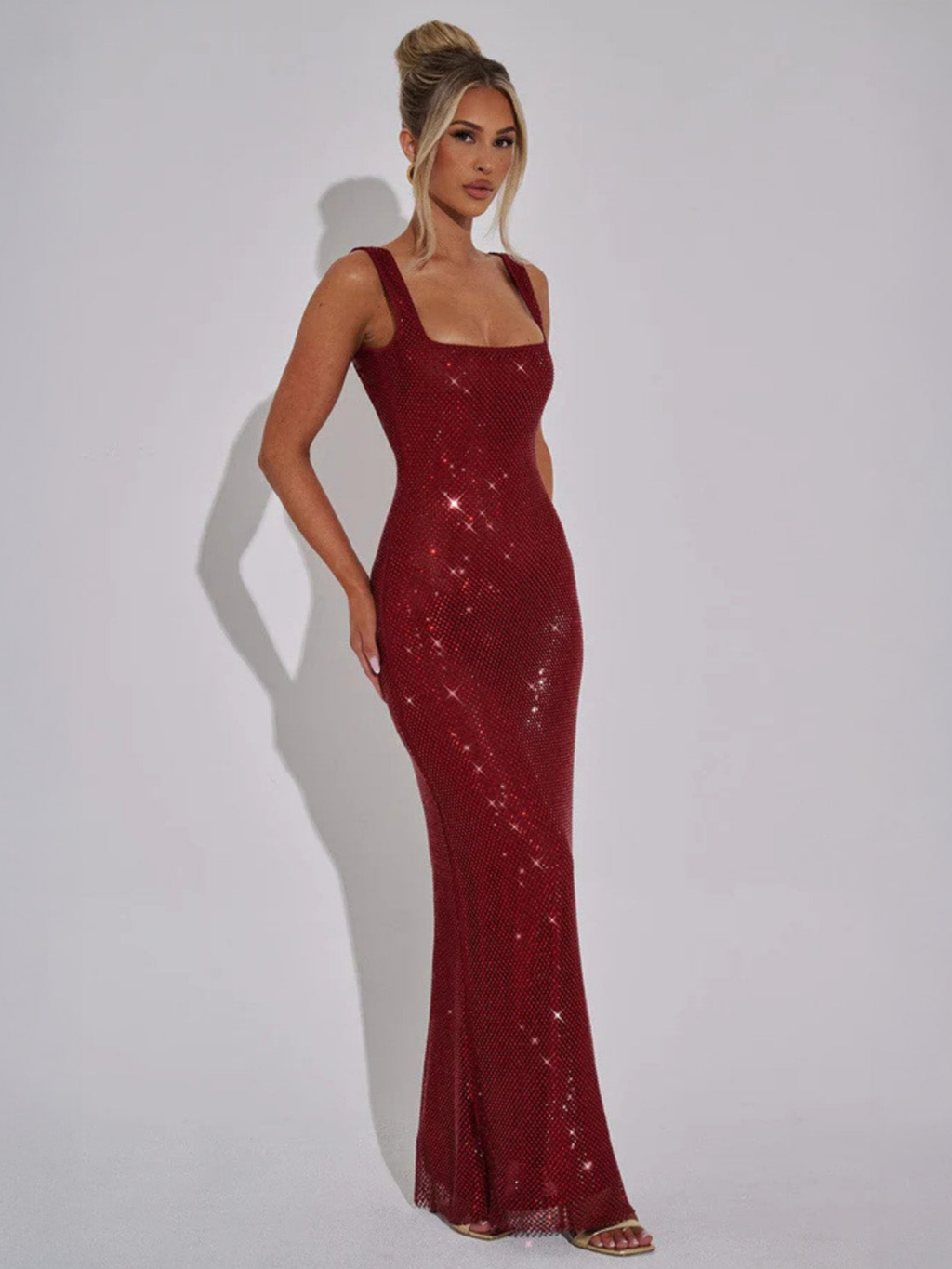 Women's Embellished Evening Gown with Square Neckline