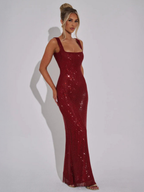 Women's Embellished Evening Gown with Square Neckline