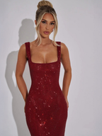 Women's Embellished Evening Gown with Square Neckline