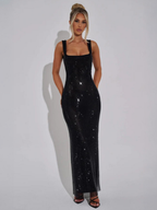 Women's Embellished Evening Gown with Square Neckline