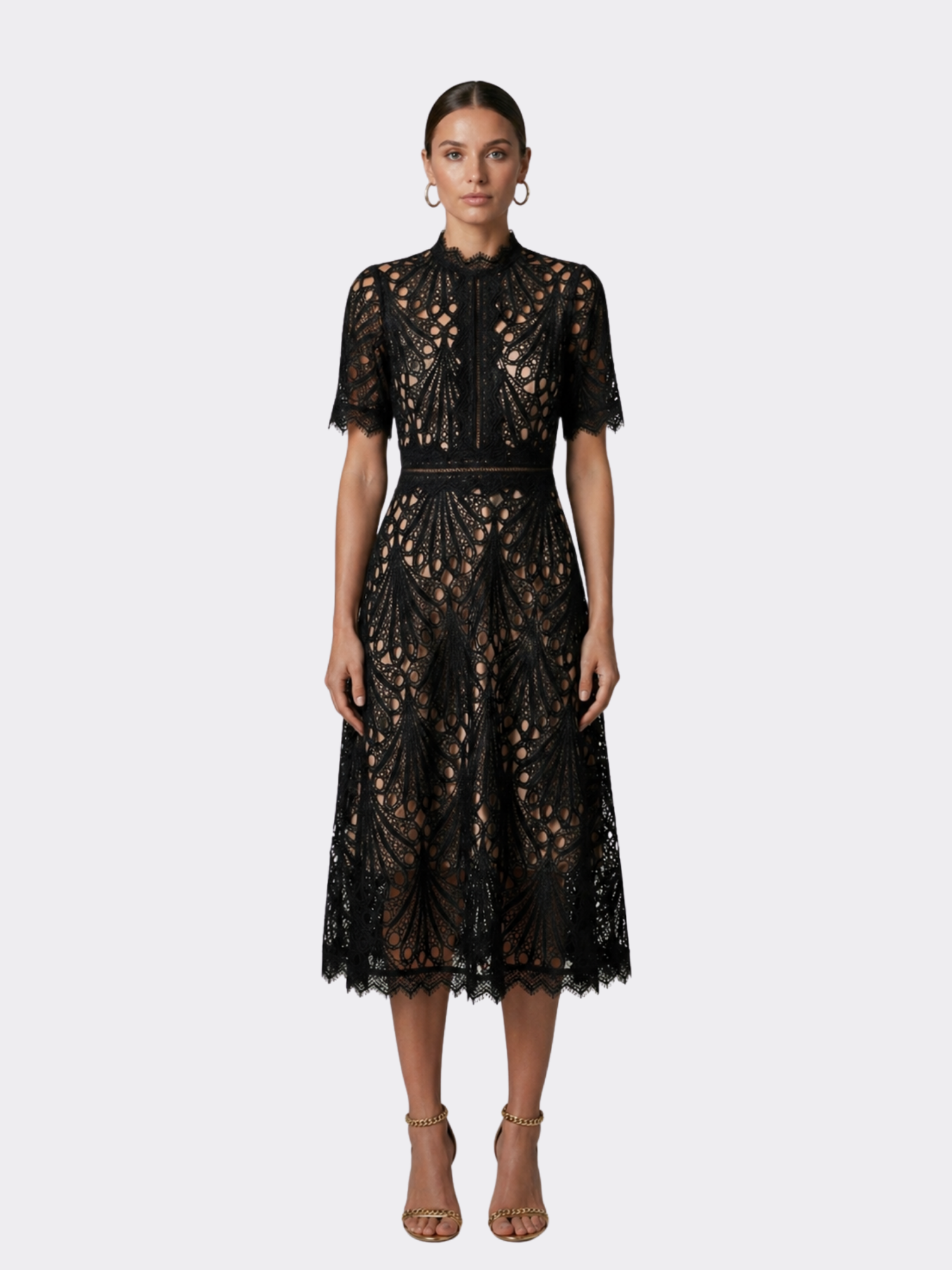 Elegant Lace Midi Dress – Refined High Neck A-Line Silhouette
