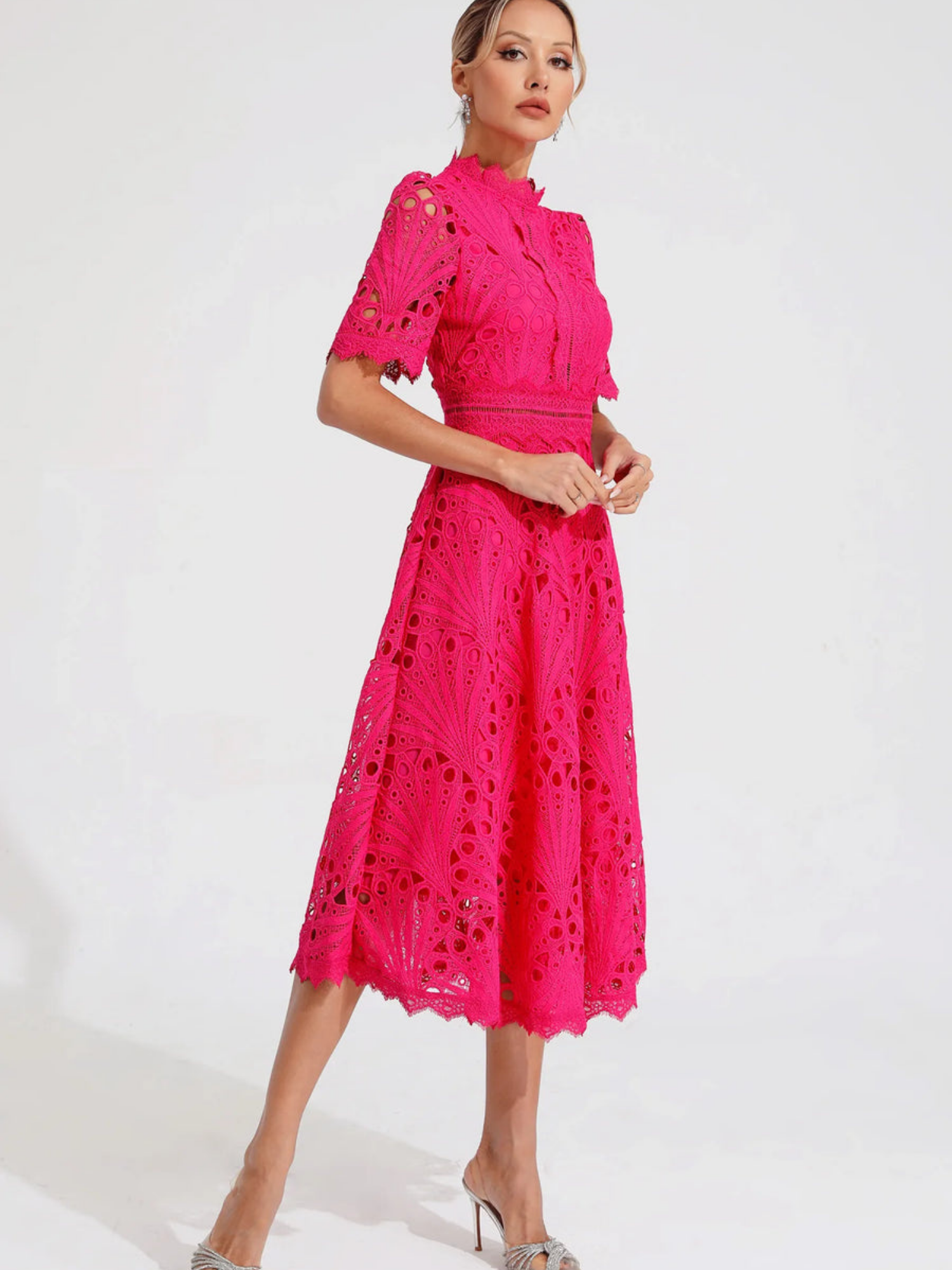 Women's Embroidered High Neck A-Line Midi Dress