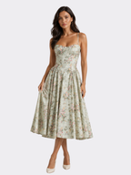 Floral Corset Midi Dress – Romantic Wedding Guest Elegance