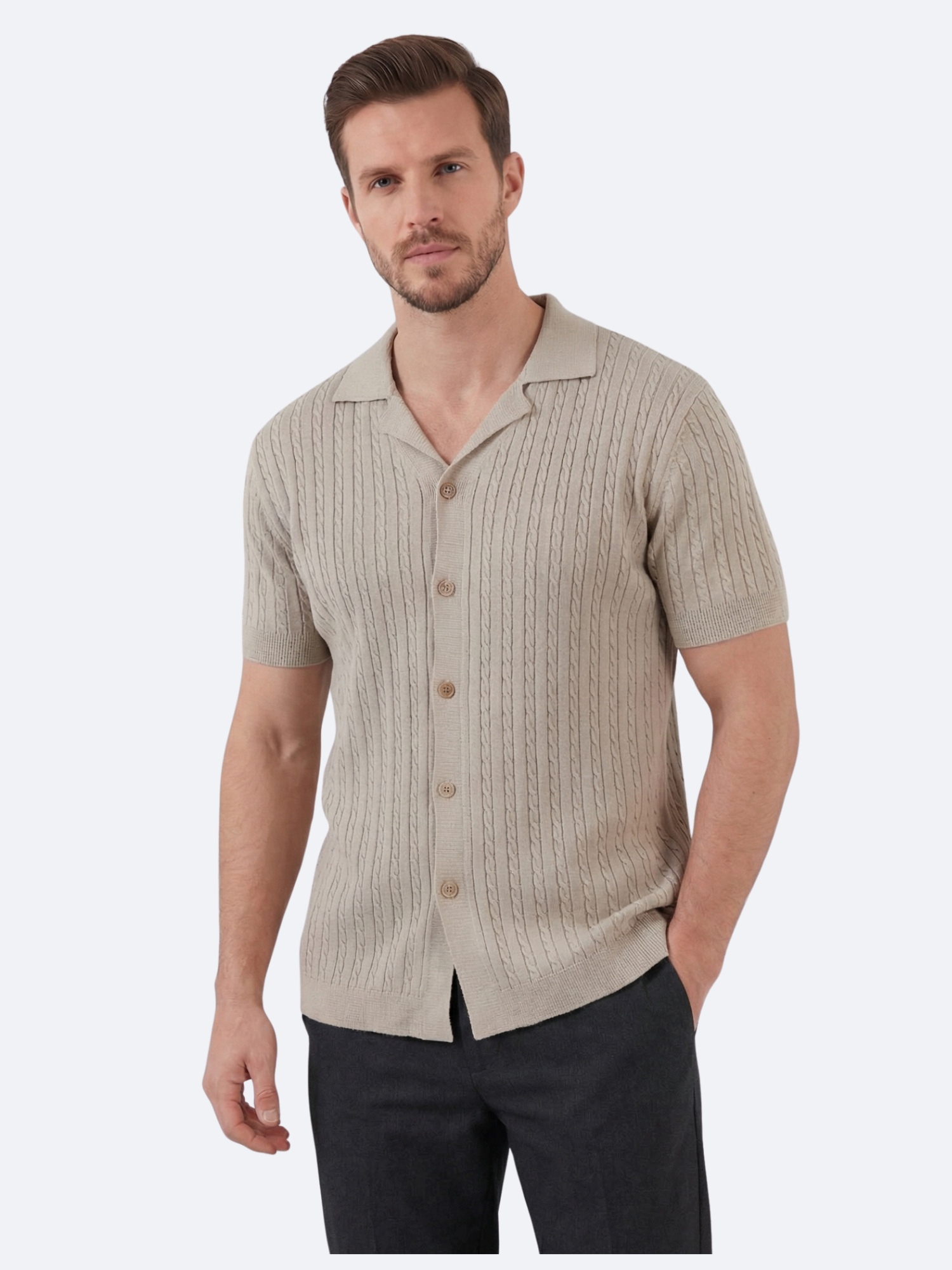 Men’s Cable Knit Short-Sleeve Polo Shirt with Notch Collar