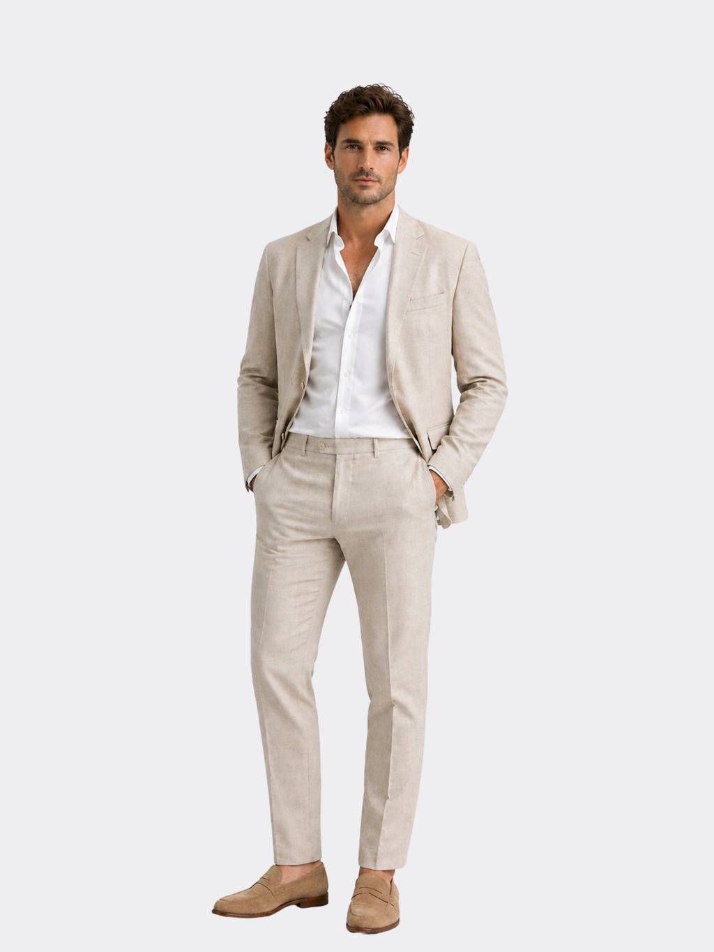 Men’s Linen-Blend Two-Piece Suit Set – Tailored Blazer & Straight-Leg Trousers