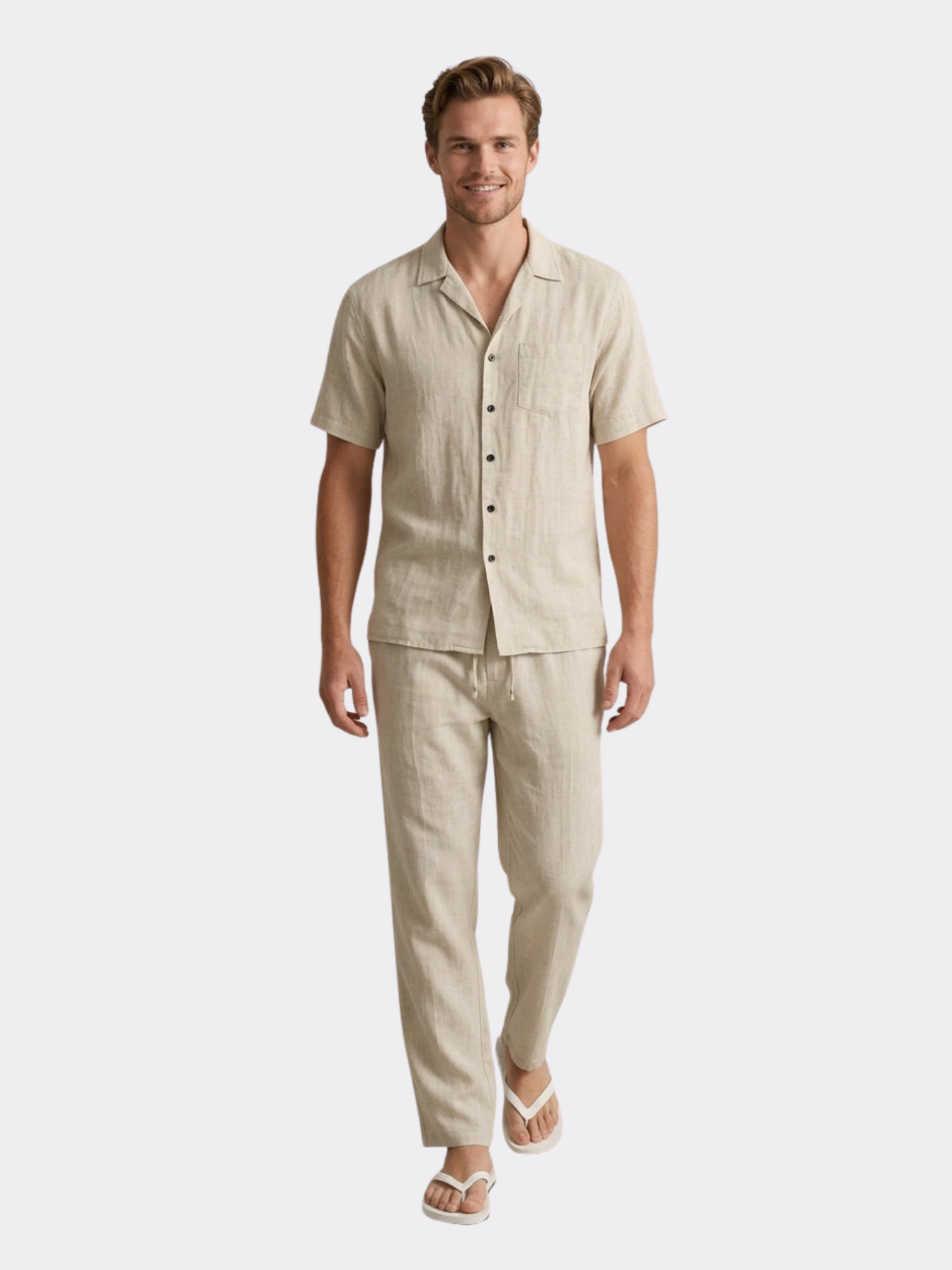 Men’s Short Sleeve Shirt & Long Trousers Two-Piece Set – Single Button Design