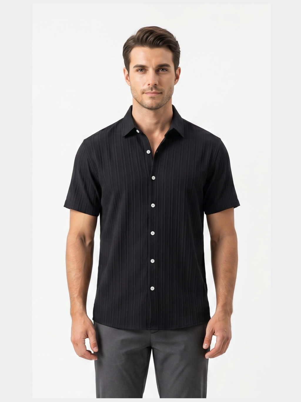 Men’s Short Sleeve Textured Button-Up Shirt – Slim Fit