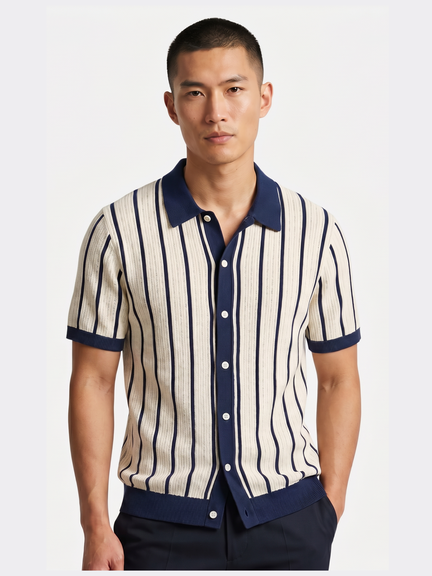 Men’s Striped Knit Polo Shirt – Short Sleeve Button-Down
