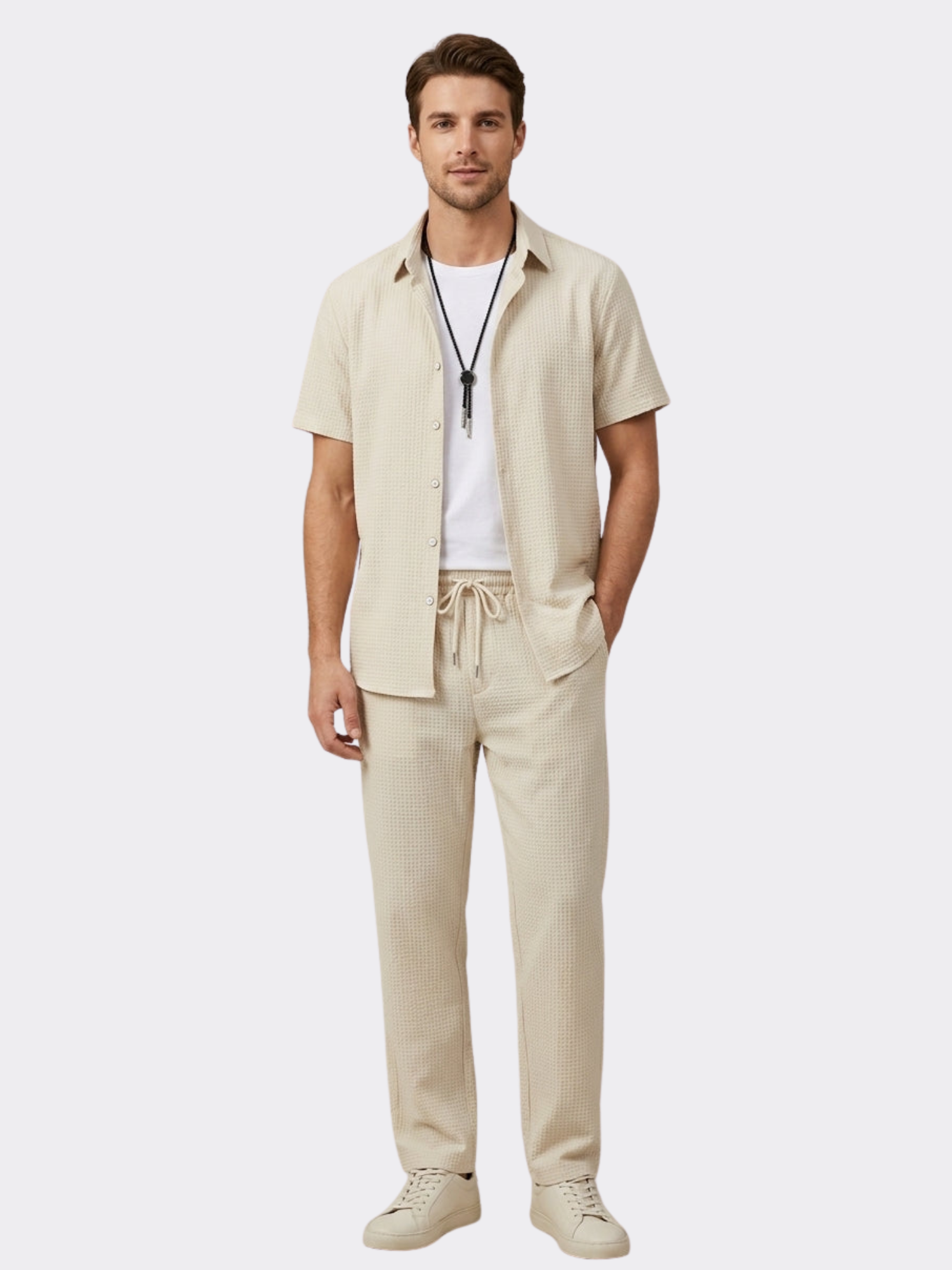 Men’s Waffle Textured Shirt & Straight-Leg Trouser Two-Piece Set