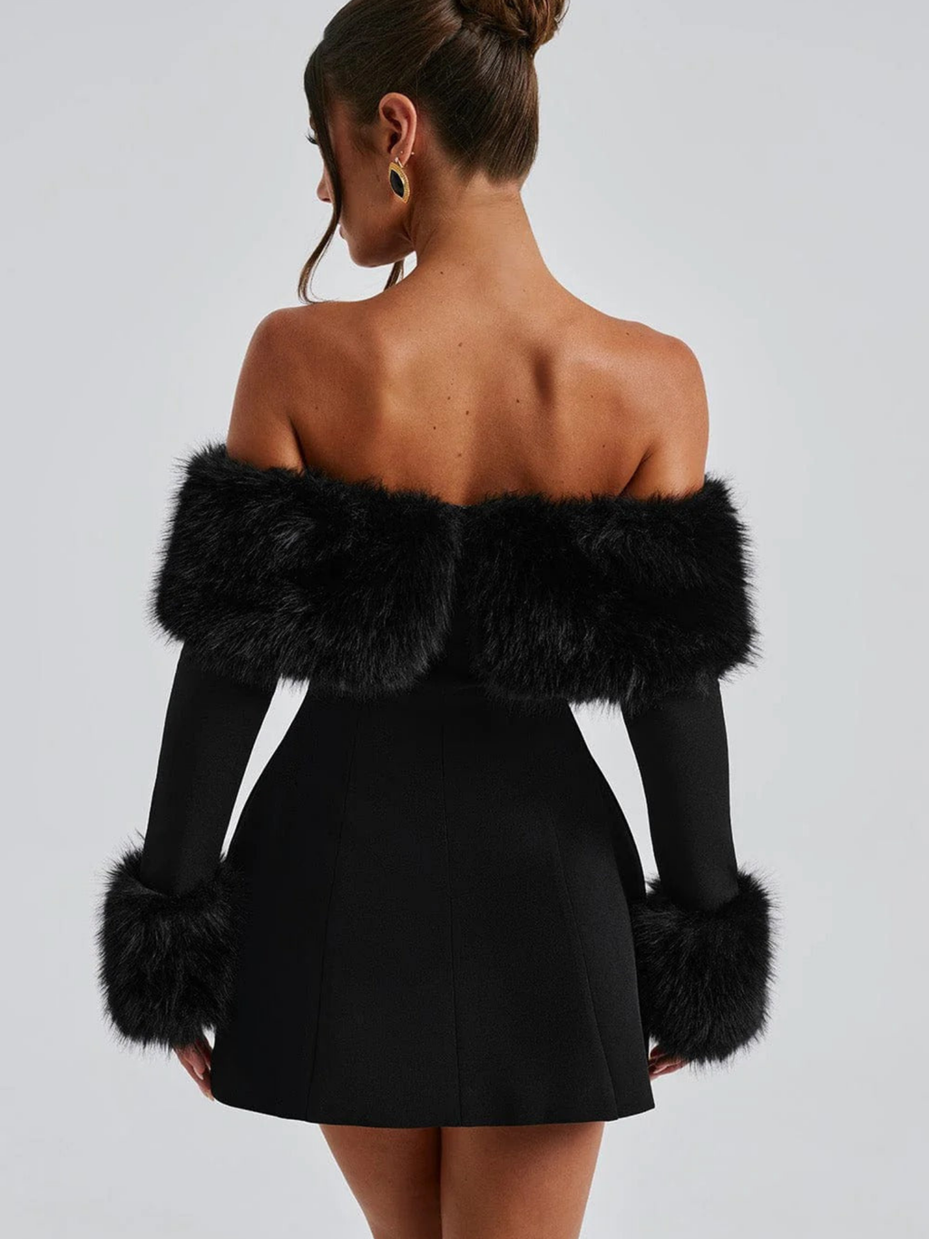 Women's Off-Shoulder Mini Dress with Faux Fur Trim