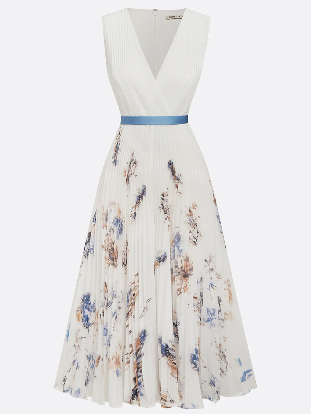 Women's Pleated Midi Dress with V-Neck and Abstract Print