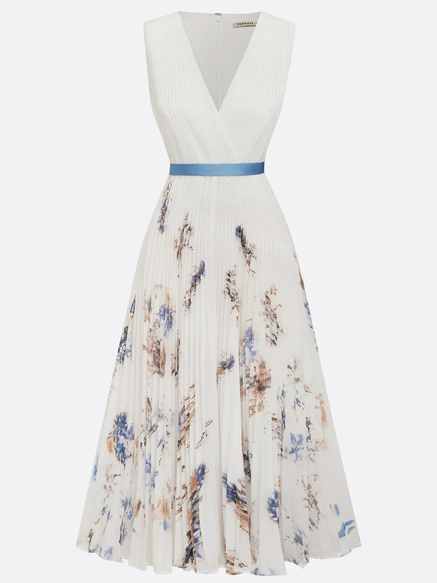 Women's Pleated Midi Dress with V-Neck and Abstract Print