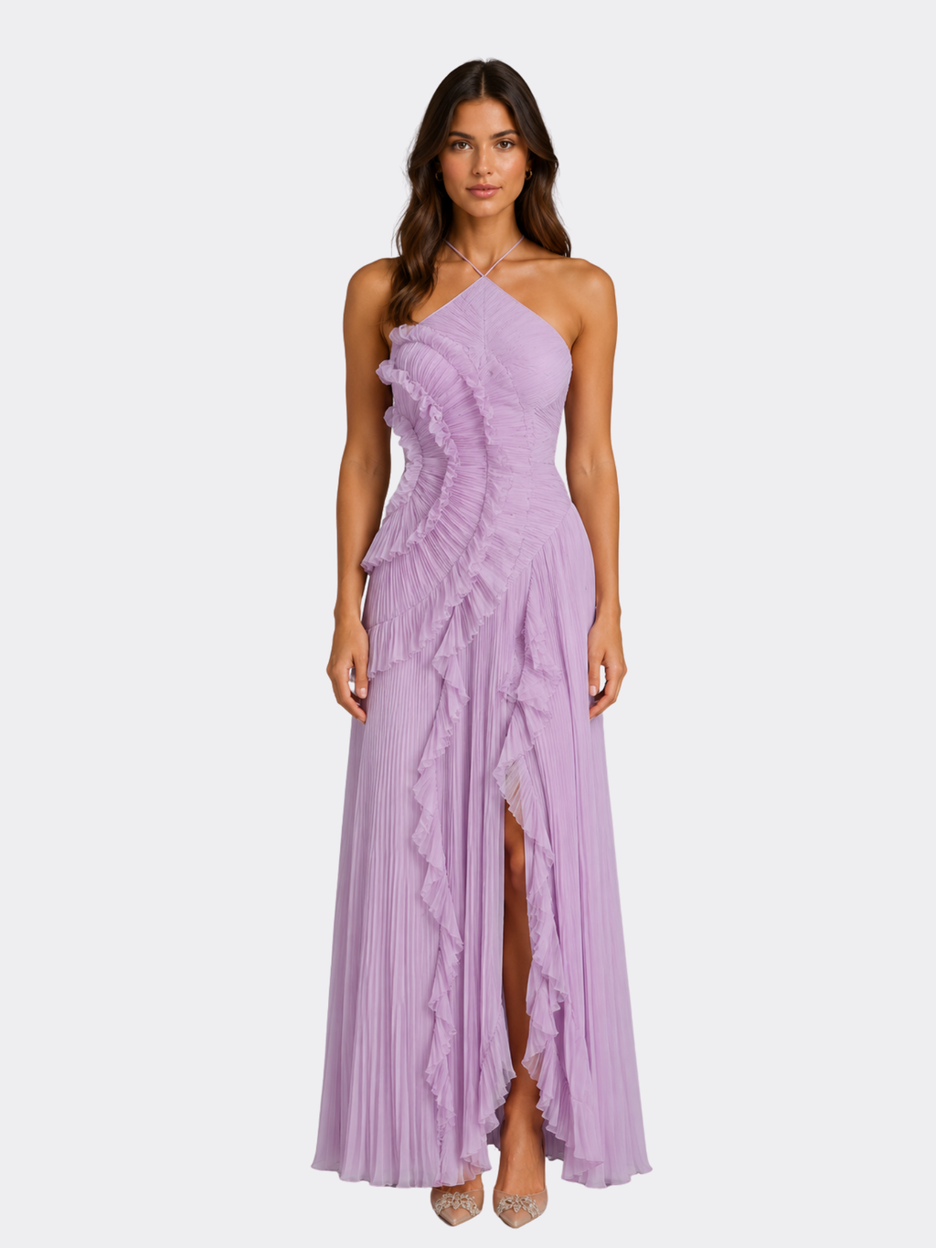 Women's Pleated Ruffle Halter Maxi Dress – Flowing Elegance for Special Occasions