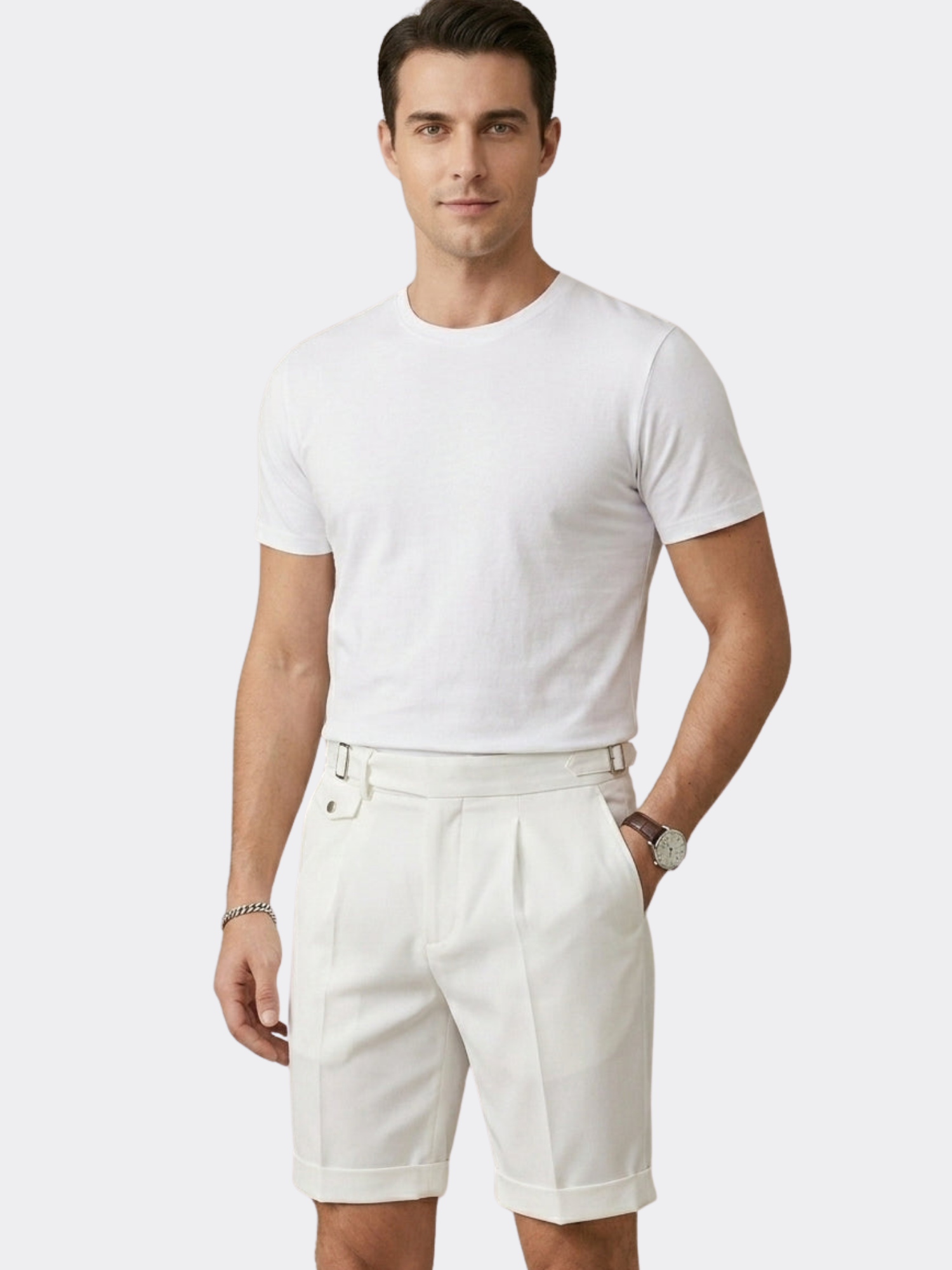 Men's Pleated Tailored Shorts with Side Buckles