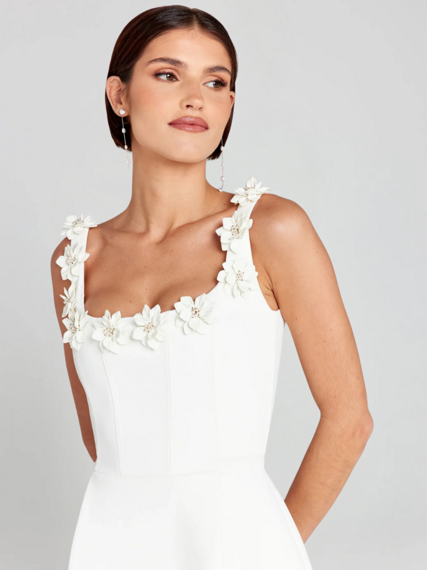 Women's Structured Square Neck Mini Dress with Floral Detail