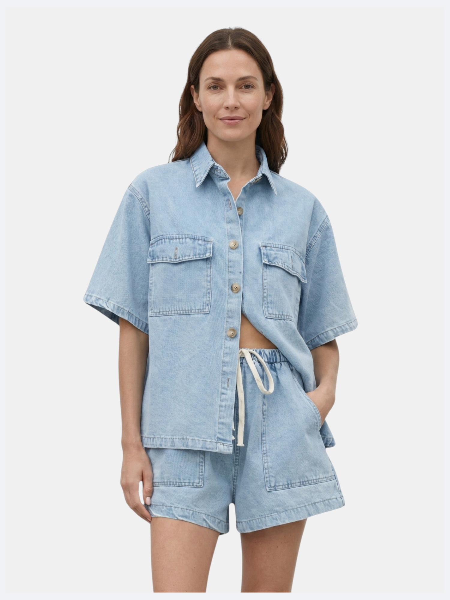 Women’s Denim Shirt and Drawstring Shorts Set