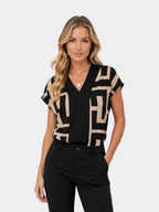 Women’s Geometric V-Neck Blouse – Modern Smart Casual Design