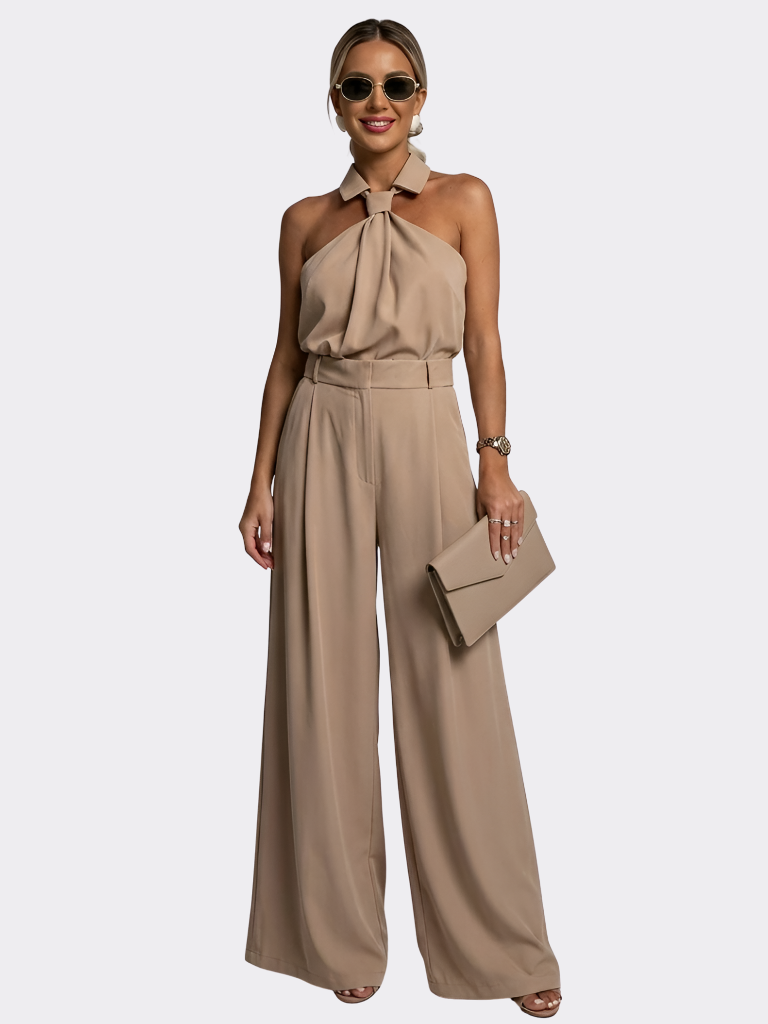Women’s Halter Neck Wide-Leg Jumpsuit – Twist Front with Belted Waist