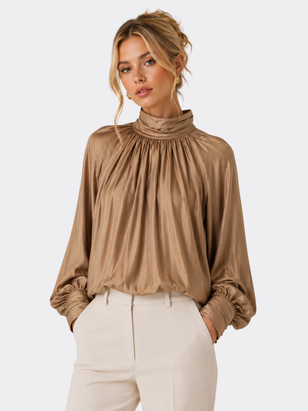 Women’s High-Neck Blouse – Long Sleeve, Draped Front Detail, Structured Fit