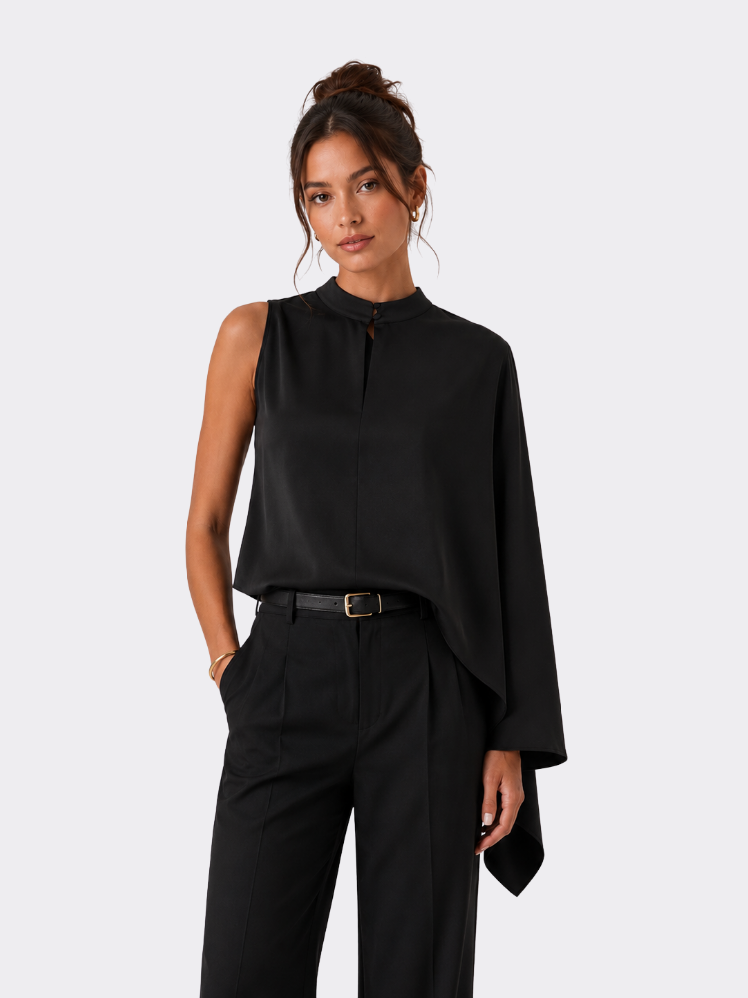 Women’s High-Neck Draped Top – Long Sleeve, Structured Fit