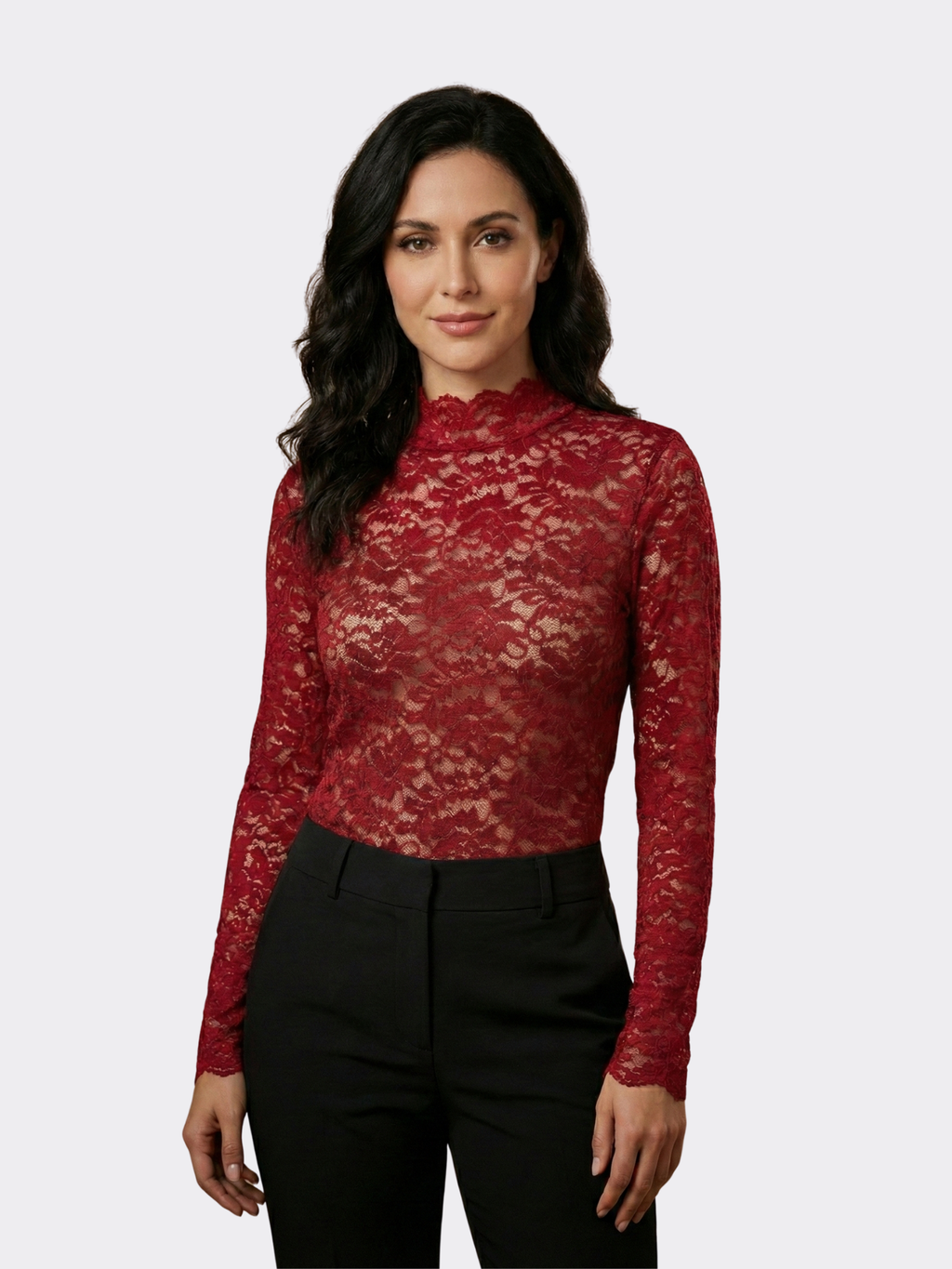 Women’s High-Neck Floral Lace Long-Sleeve Blouse