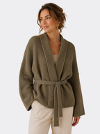 Women’s Knit Open-Front Cardigan – Self-Tie Belt, Long Sleeve, Relaxed Fit