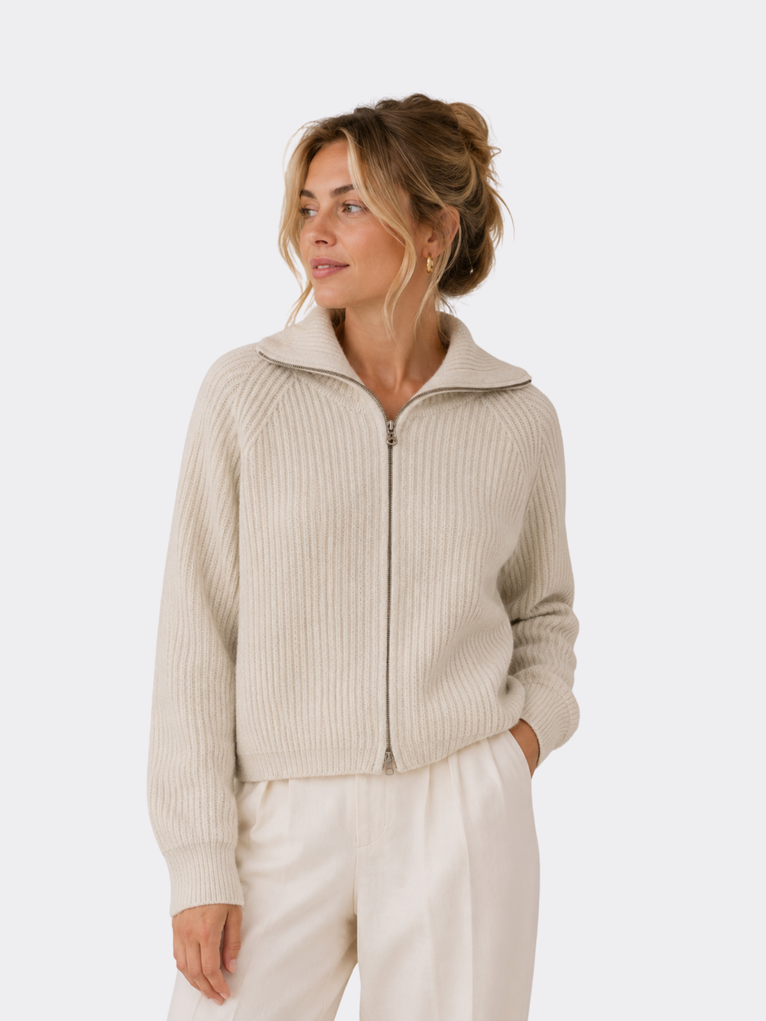 Women’s Knit Zip-Up Cardigan – Turn-Down Collar, Full Zip, Long Sleeve, Regular Fit