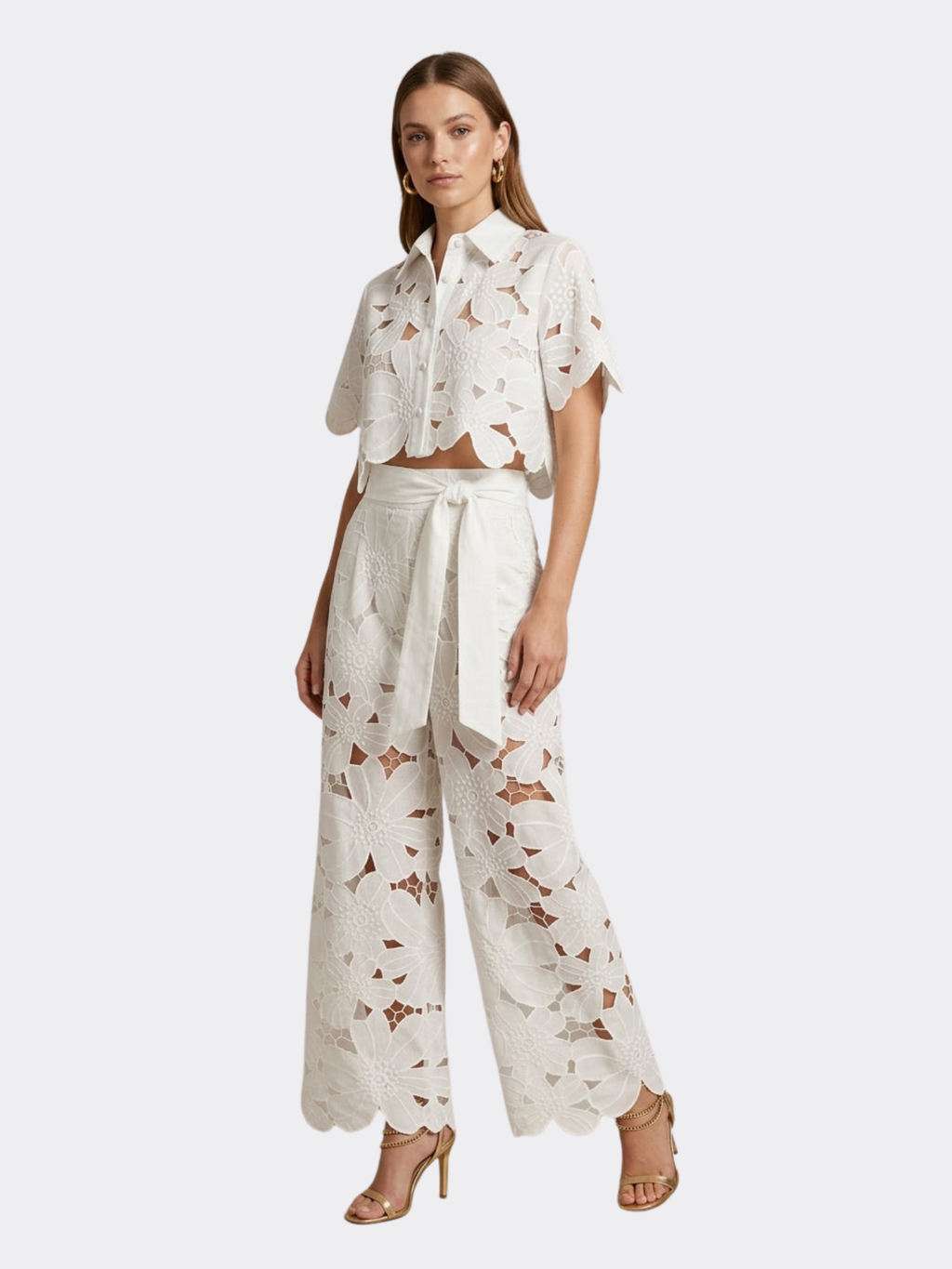Women’s Lace Two-Piece Set – Cape Overlay Crop Top – Wide-Leg Trousers