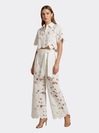 Women’s Lace Two-Piece Set – Cape Overlay Crop Top – Wide-Leg Trousers