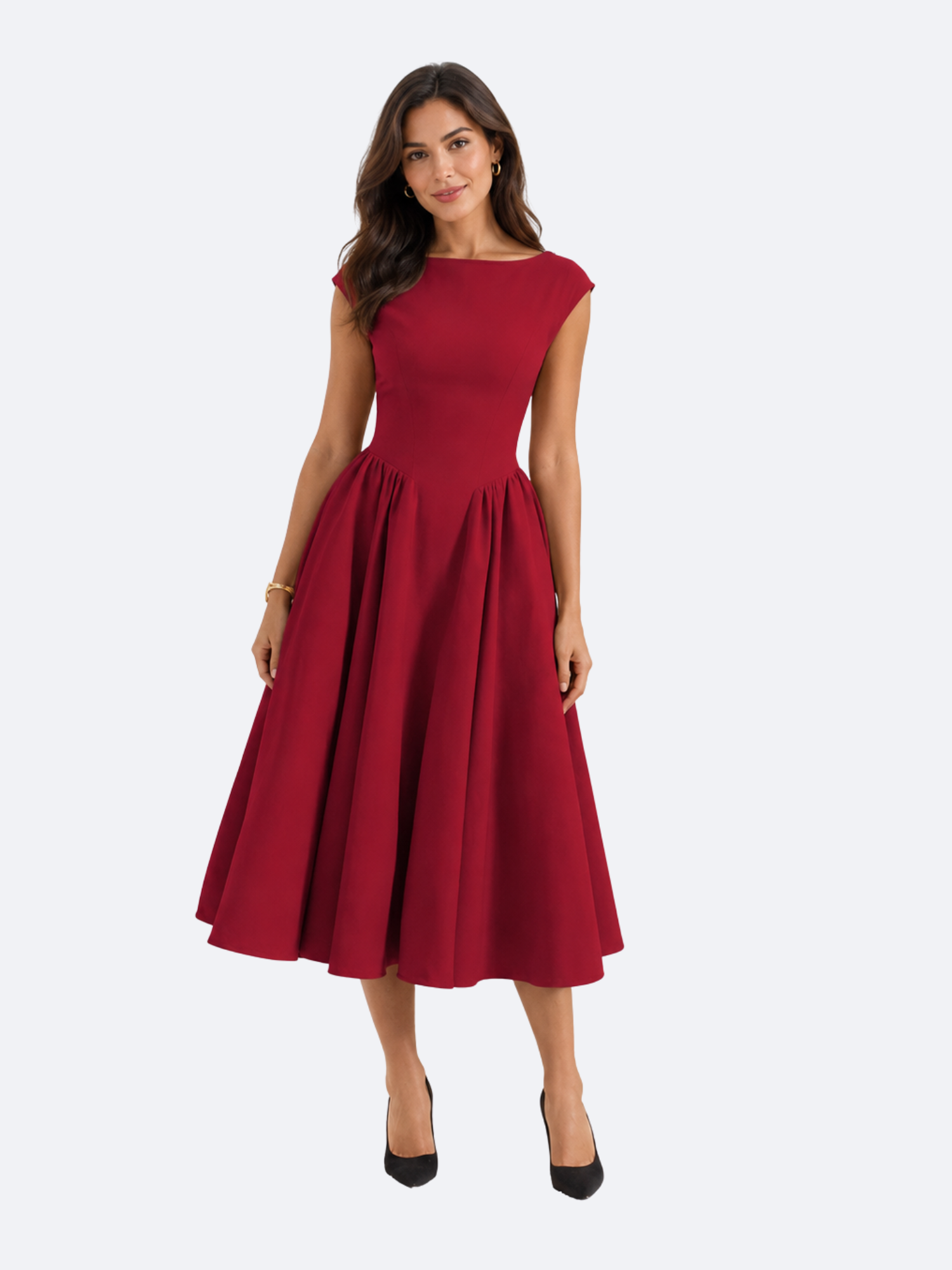 Women's Midi Dress with Cap Sleeves and Boat Neck