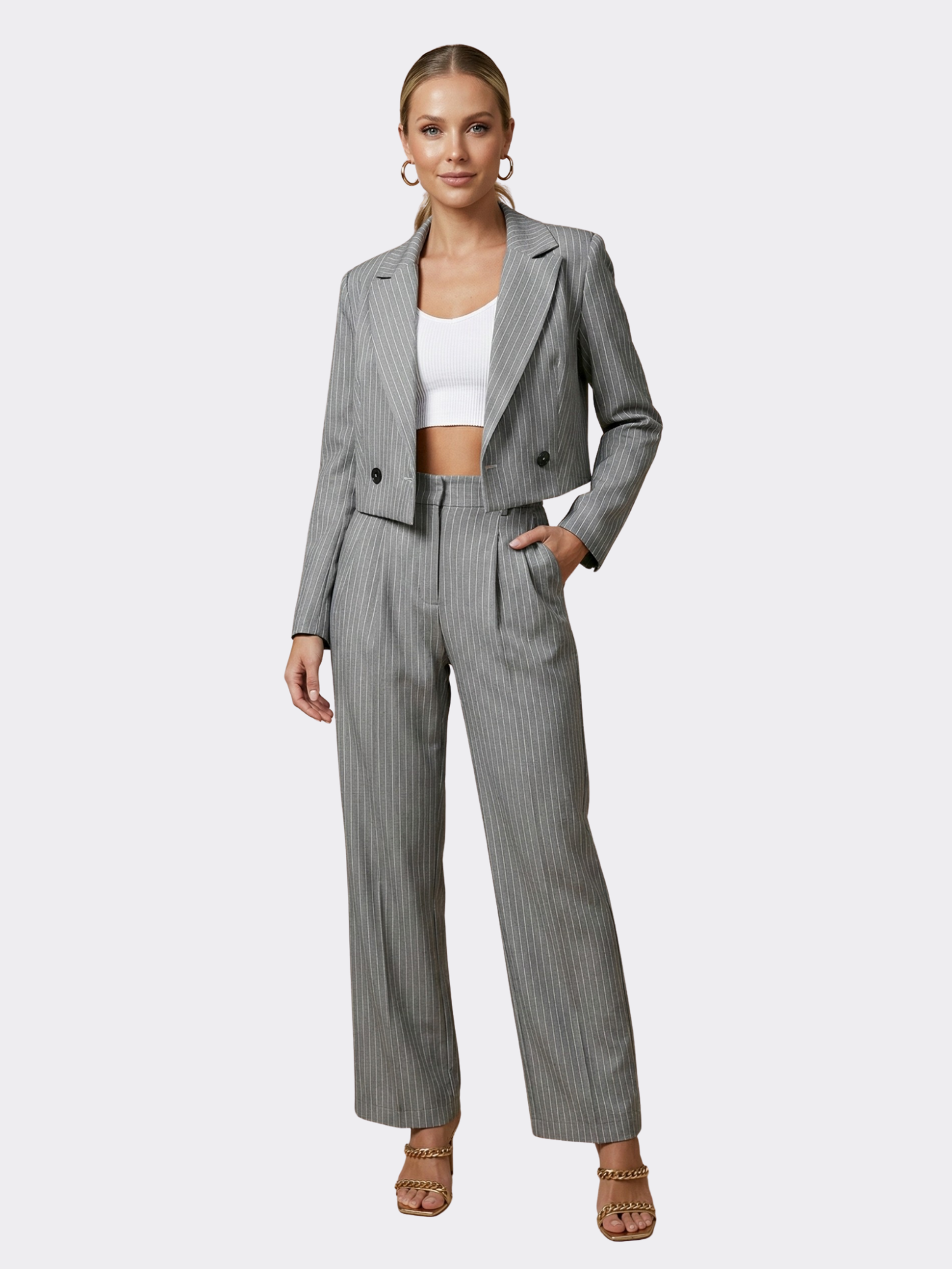 Women’s Pinstripe Two-Piece Trouser Suit – Cropped Blazer – Wide-Leg Trousers