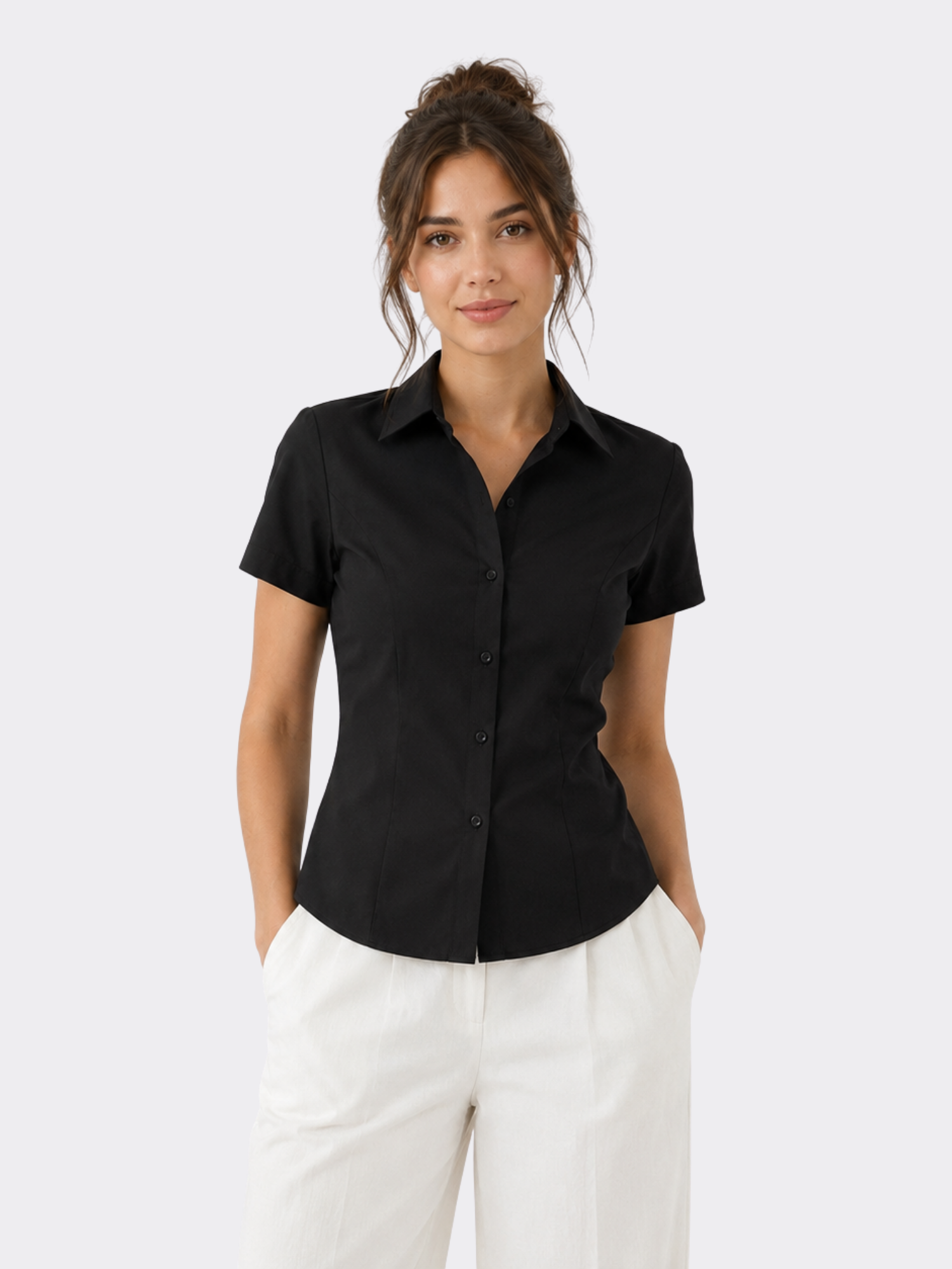 Women’s Short-Sleeve Button-Up Blouse – Slim Fit, Structured Design