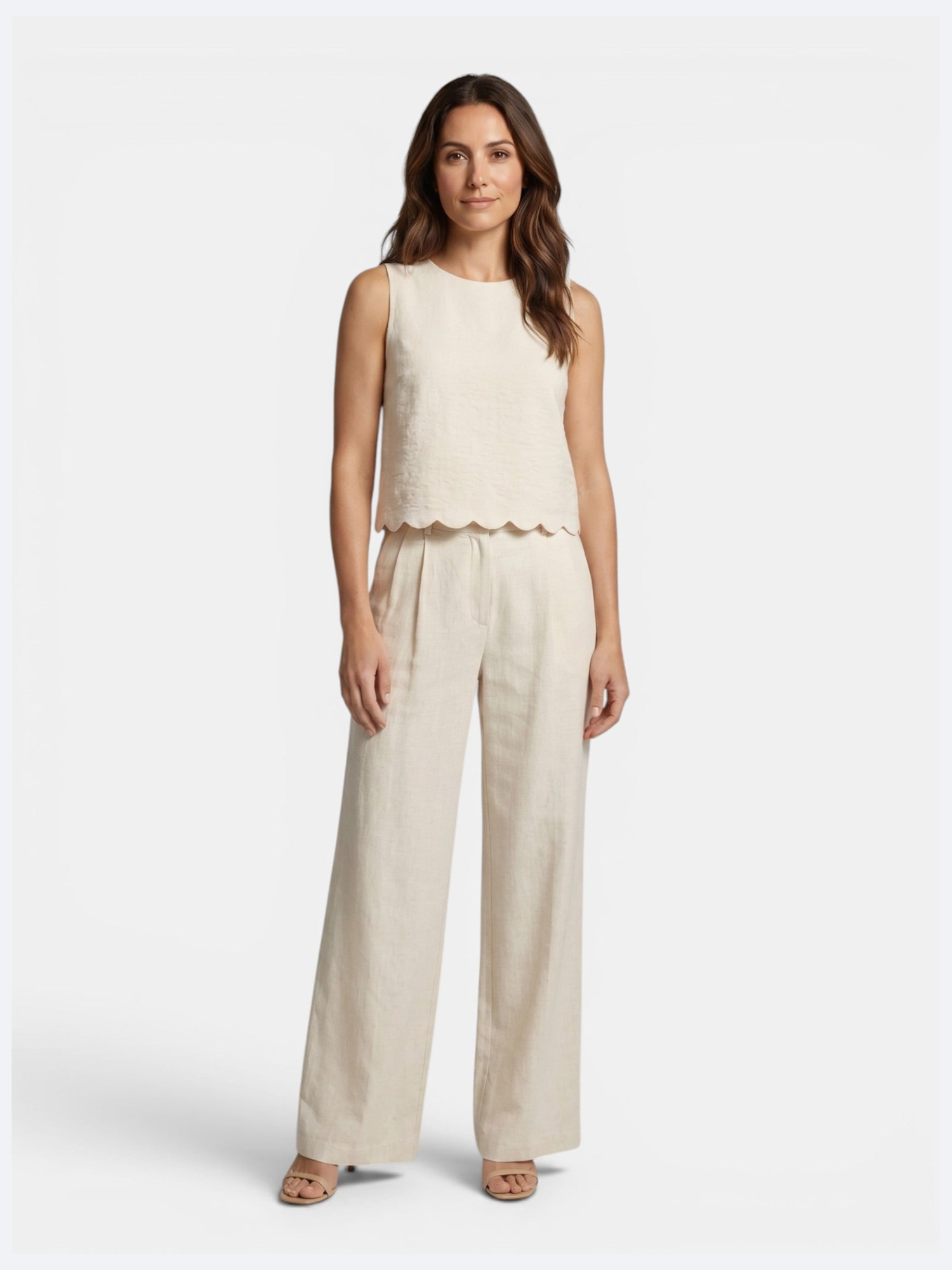 Women’s Sleeveless Scallop Hem Top and Wide-Leg Trousers Set